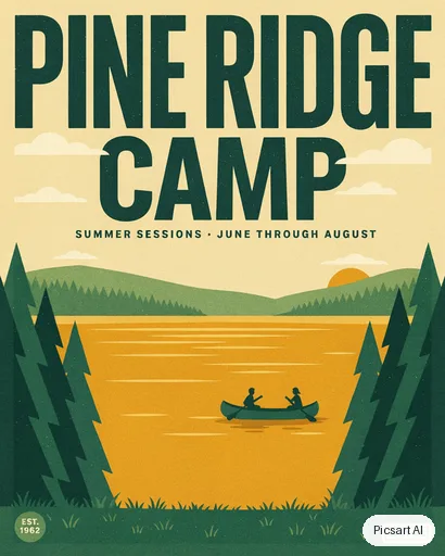 Ideogram 4.5: Retro summer camp poster saying "Pine Ridge Camp", pine trees around a lake, a canoe, 1960s travel poster style, limited palette of green, mustard and cream