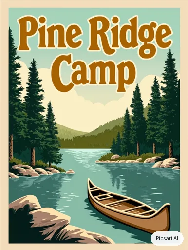 Kling 3.0 Image: Retro summer camp poster saying "Pine Ridge Camp", pine trees around a lake, a canoe, 1960s travel poster style, limited palette of green, mustard and cream