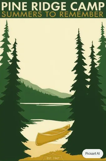 Luma UNI-1: Retro summer camp poster saying "Pine Ridge Camp", pine trees around a lake, a canoe, 1960s travel poster style, limited palette of green, mustard and cream