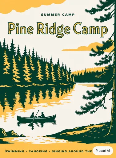 Recraft V4.1: Retro summer camp poster saying "Pine Ridge Camp", pine trees around a lake, a canoe, 1960s travel poster style, limited palette of green, mustard and cream