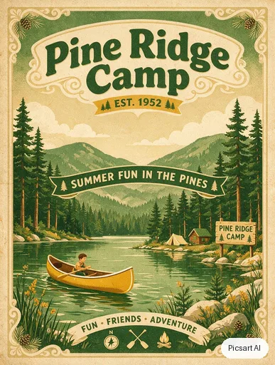 Seedream 5.0 Pro: Retro summer camp poster saying "Pine Ridge Camp", pine trees around a lake, a canoe, 1960s travel poster style, limited palette of green, mustard and cream