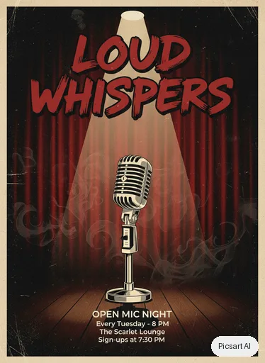 Nano Banana: Open mic night flyer, the words "Loud Whispers" in bold brush lettering, a vintage microphone under a spotlight, deep red and black