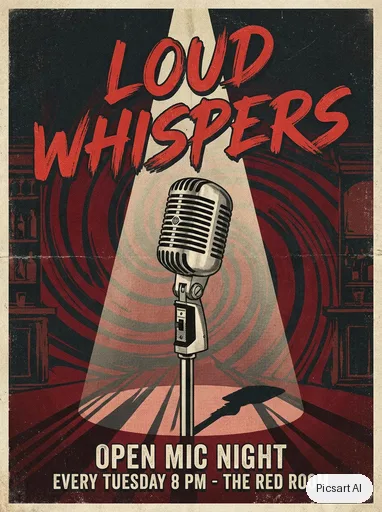 Nano Banana Pro: Open mic night flyer, the words "Loud Whispers" in bold brush lettering, a vintage microphone under a spotlight, deep red and black