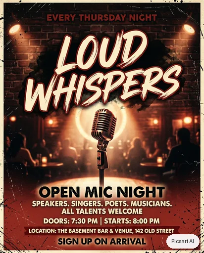 Nano Banana 2: Open mic night flyer, the words "Loud Whispers" in bold brush lettering, a vintage microphone under a spotlight, deep red and black
