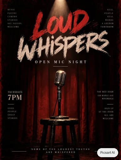 GPT Image 2.5 Sunburst: Open mic night flyer, the words "Loud Whispers" in bold brush lettering, a vintage microphone under a spotlight, deep red and black