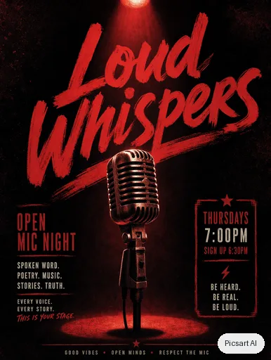 GPT Image 2: Open mic night flyer, the words "Loud Whispers" in bold brush lettering, a vintage microphone under a spotlight, deep red and black
