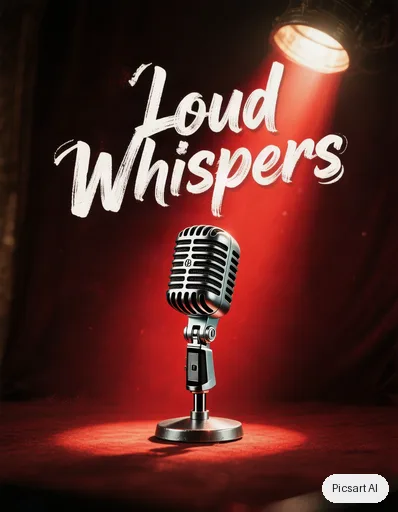 Hunyuan V3: Open mic night flyer, the words "Loud Whispers" in bold brush lettering, a vintage microphone under a spotlight, deep red and black