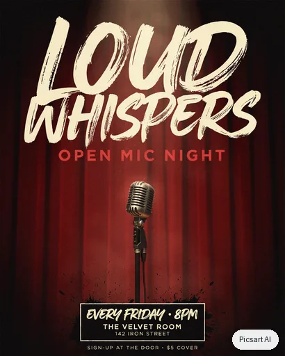 Ideogram 4.5: Open mic night flyer, the words "Loud Whispers" in bold brush lettering, a vintage microphone under a spotlight, deep red and black