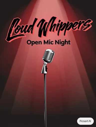 Kling 3.0 Image: Open mic night flyer, the words "Loud Whispers" in bold brush lettering, a vintage microphone under a spotlight, deep red and black
