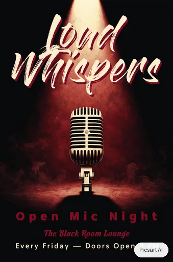 Luma UNI-1: Open mic night flyer, the words "Loud Whispers" in bold brush lettering, a vintage microphone under a spotlight, deep red and black