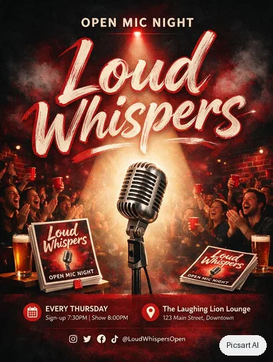 Seedream 5.0 Pro: Open mic night flyer, the words "Loud Whispers" in bold brush lettering, a vintage microphone under a spotlight, deep red and black