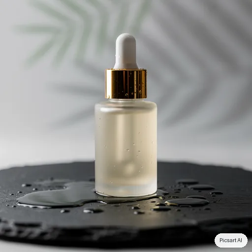 Flux 2 Pro: Studio shot of a frosted glass serum bottle with a gold dropper cap on a wet slate surface, soft diffused light, pale green botanical shadows