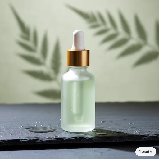 Nano Banana: Studio shot of a frosted glass serum bottle with a gold dropper cap on a wet slate surface, soft diffused light, pale green botanical shadows