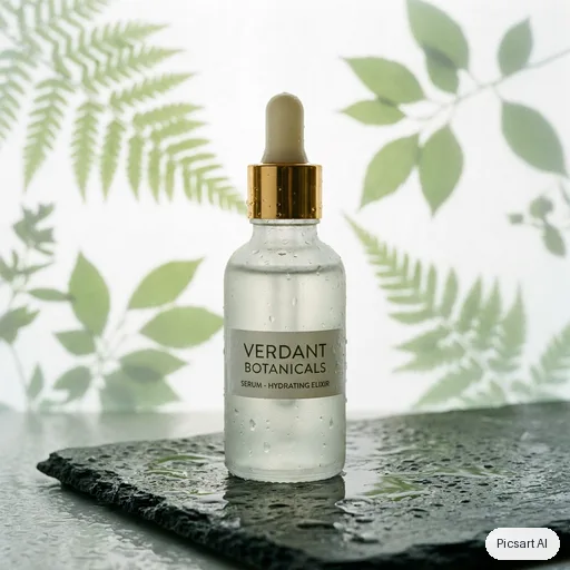 Nano Banana Pro: Studio shot of a frosted glass serum bottle with a gold dropper cap on a wet slate surface, soft diffused light, pale green botanical shadows
