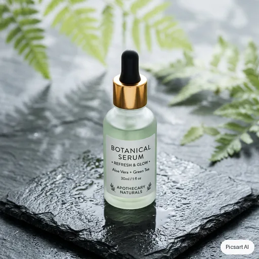 Nano Banana 2: Studio shot of a frosted glass serum bottle with a gold dropper cap on a wet slate surface, soft diffused light, pale green botanical shadows