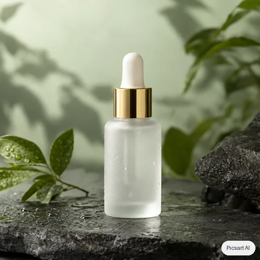 GPT Image 2.5 Sunburst: Studio shot of a frosted glass serum bottle with a gold dropper cap on a wet slate surface, soft diffused light, pale green botanical shadows