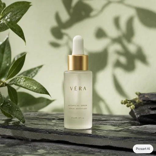 GPT Image 2: Studio shot of a frosted glass serum bottle with a gold dropper cap on a wet slate surface, soft diffused light, pale green botanical shadows