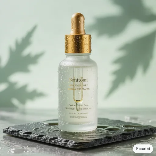 Hunyuan V3: Studio shot of a frosted glass serum bottle with a gold dropper cap on a wet slate surface, soft diffused light, pale green botanical shadows
