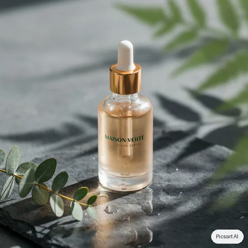 Ideogram 4.5: Studio shot of a frosted glass serum bottle with a gold dropper cap on a wet slate surface, soft diffused light, pale green botanical shadows