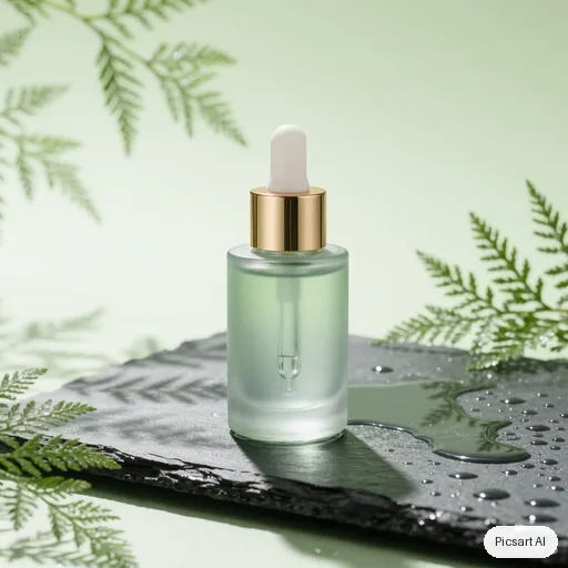 Kling 3.0 Image: Studio shot of a frosted glass serum bottle with a gold dropper cap on a wet slate surface, soft diffused light, pale green botanical shadows