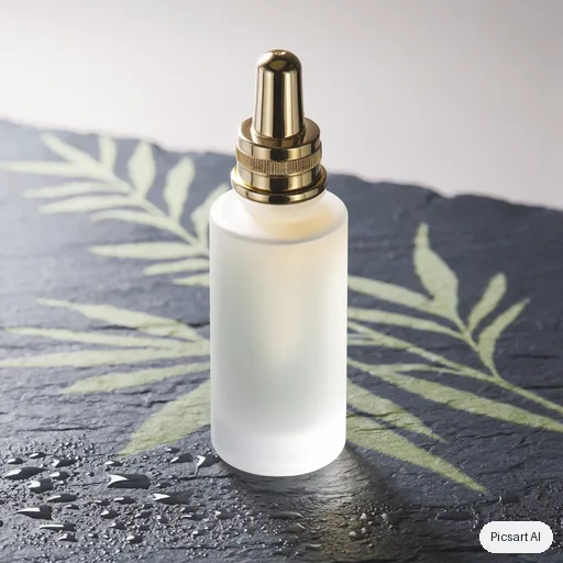Luma UNI-1: Studio shot of a frosted glass serum bottle with a gold dropper cap on a wet slate surface, soft diffused light, pale green botanical shadows