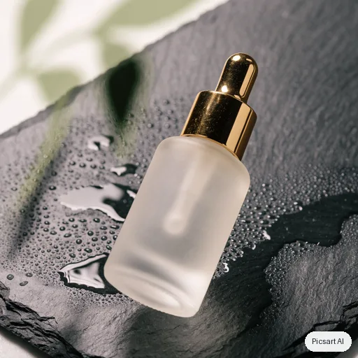 Recraft V4.1: Studio shot of a frosted glass serum bottle with a gold dropper cap on a wet slate surface, soft diffused light, pale green botanical shadows