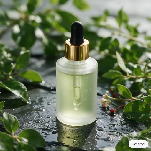 Seedream 5.0 Pro: Studio shot of a frosted glass serum bottle with a gold dropper cap on a wet slate surface, soft diffused light, pale green botanical shadows