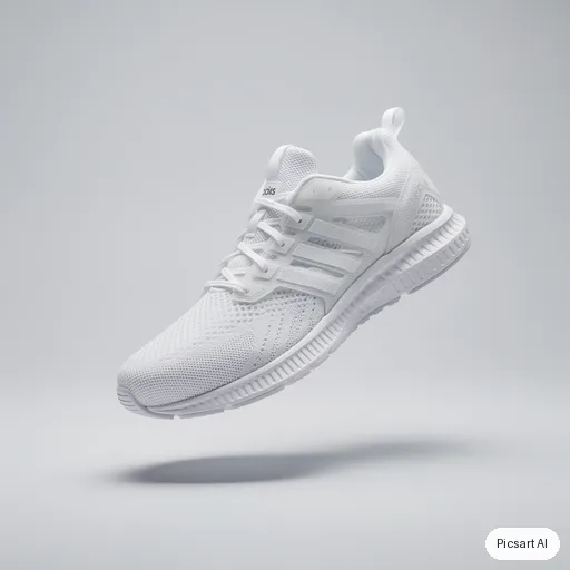 Flux 2 Pro: white running shoe floating mid air, clean grey background, product photo for a shop listing