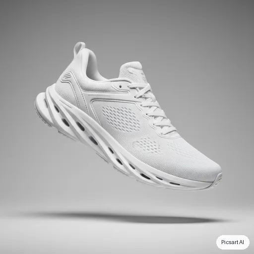 Nano Banana: white running shoe floating mid air, clean grey background, product photo for a shop listing