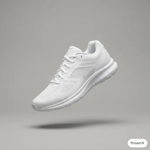 Nano Banana Pro: white running shoe floating mid air, clean grey background, product photo for a shop listing