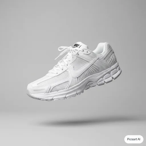 Nano Banana 2: white running shoe floating mid air, clean grey background, product photo for a shop listing