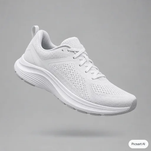 GPT Image 2.5 Sunburst output for: white running shoe floating mid air, clean grey background, product photo for a shop listing