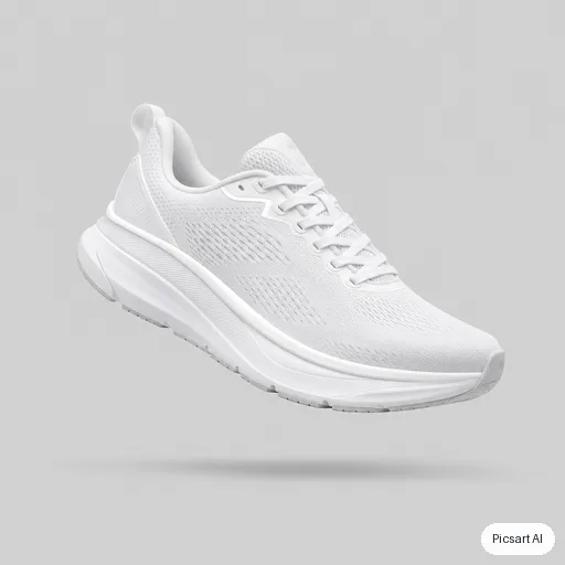 GPT Image 2: white running shoe floating mid air, clean grey background, product photo for a shop listing