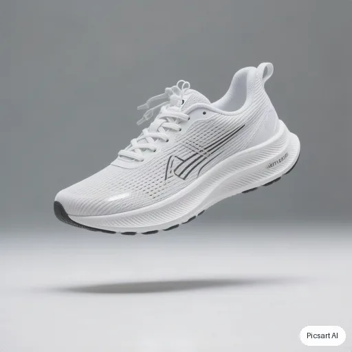 Hunyuan V3: white running shoe floating mid air, clean grey background, product photo for a shop listing