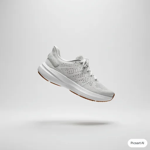 Ideogram 4.5: white running shoe floating mid air, clean grey background, product photo for a shop listing