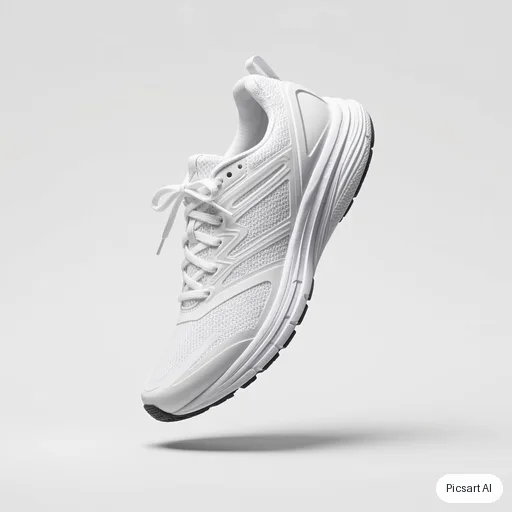 Kling 3.0 Image: white running shoe floating mid air, clean grey background, product photo for a shop listing