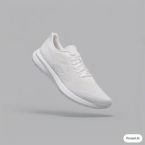 Luma UNI-1: white running shoe floating mid air, clean grey background, product photo for a shop listing