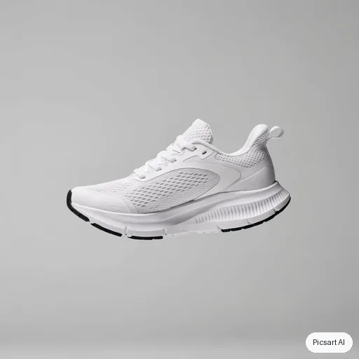 Recraft V4.1: white running shoe floating mid air, clean grey background, product photo for a shop listing
