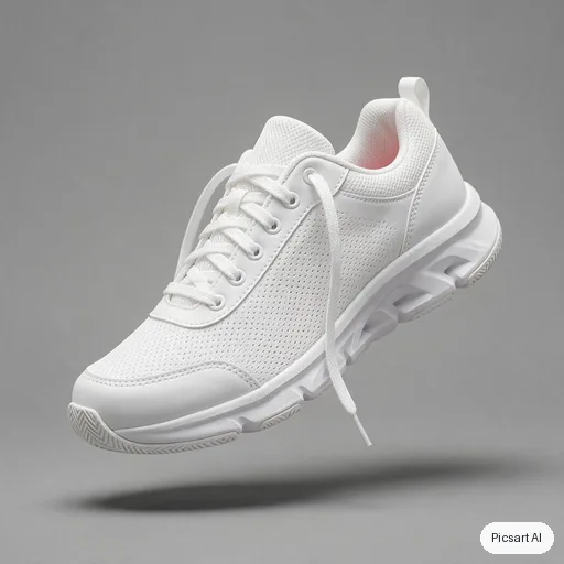 Seedream 5.0 Pro: white running shoe floating mid air, clean grey background, product photo for a shop listing