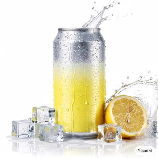 Flux 2 Pro: A can of sparkling lemon water covered in condensation, ice cubes and a lemon slice splashing beside it, bright high-key lighting, crisp commercial look