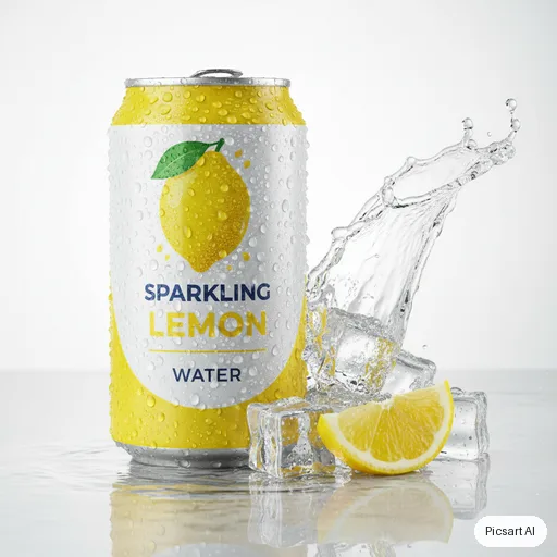 Nano Banana: A can of sparkling lemon water covered in condensation, ice cubes and a lemon slice splashing beside it, bright high-key lighting, crisp commercial look