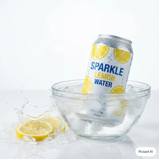 Nano Banana Pro: A can of sparkling lemon water covered in condensation, ice cubes and a lemon slice splashing beside it, bright high-key lighting, crisp commercial look