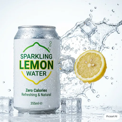 Nano Banana 2: A can of sparkling lemon water covered in condensation, ice cubes and a lemon slice splashing beside it, bright high-key lighting, crisp commercial look