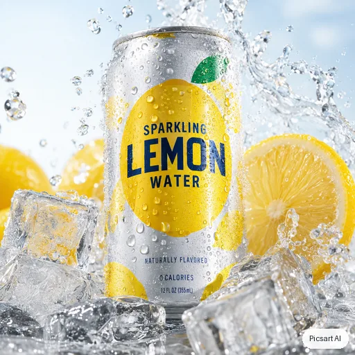 GPT Image 2.5 Sunburst: A can of sparkling lemon water covered in condensation, ice cubes and a lemon slice splashing beside it, bright high-key lighting, crisp commercial look
