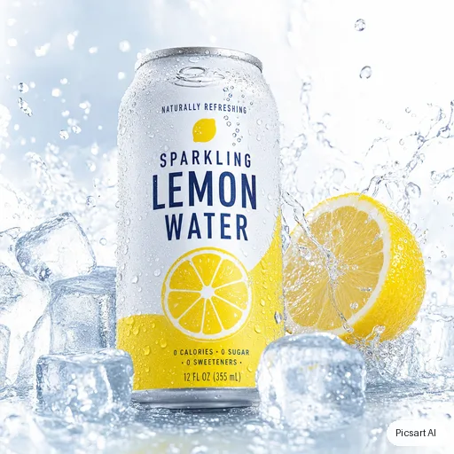 GPT Image 2: A can of sparkling lemon water covered in condensation, ice cubes and a lemon slice splashing beside it, bright high-key lighting, crisp commercial look