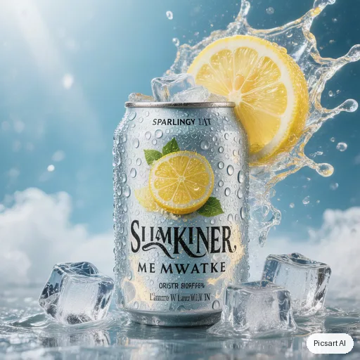 Hunyuan V3: A can of sparkling lemon water covered in condensation, ice cubes and a lemon slice splashing beside it, bright high-key lighting, crisp commercial look