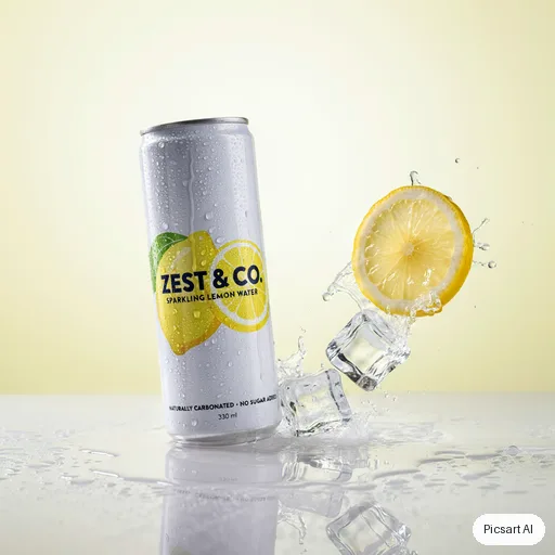 Ideogram 4.5: A can of sparkling lemon water covered in condensation, ice cubes and a lemon slice splashing beside it, bright high-key lighting, crisp commercial look