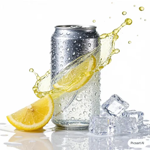 Kling 3.0 Image: A can of sparkling lemon water covered in condensation, ice cubes and a lemon slice splashing beside it, bright high-key lighting, crisp commercial look