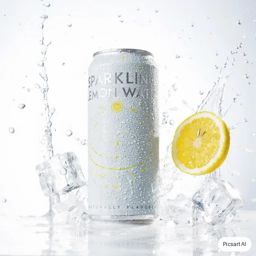 Luma UNI-1: A can of sparkling lemon water covered in condensation, ice cubes and a lemon slice splashing beside it, bright high-key lighting, crisp commercial look