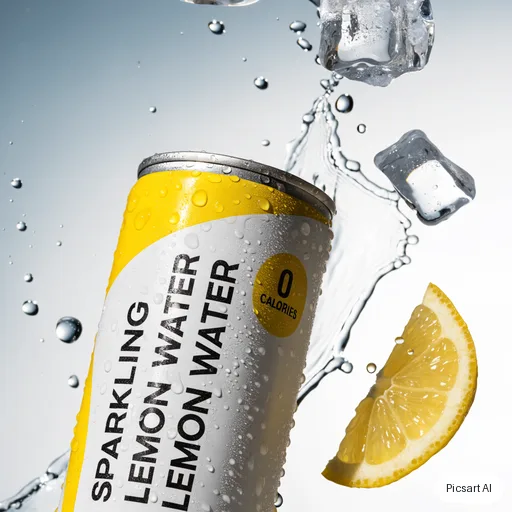 Recraft V4.1: A can of sparkling lemon water covered in condensation, ice cubes and a lemon slice splashing beside it, bright high-key lighting, crisp commercial look